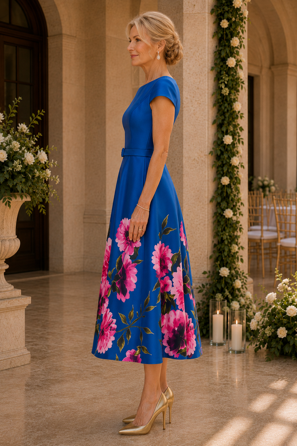Floral Print Belted Tea-Length A-Line Dress