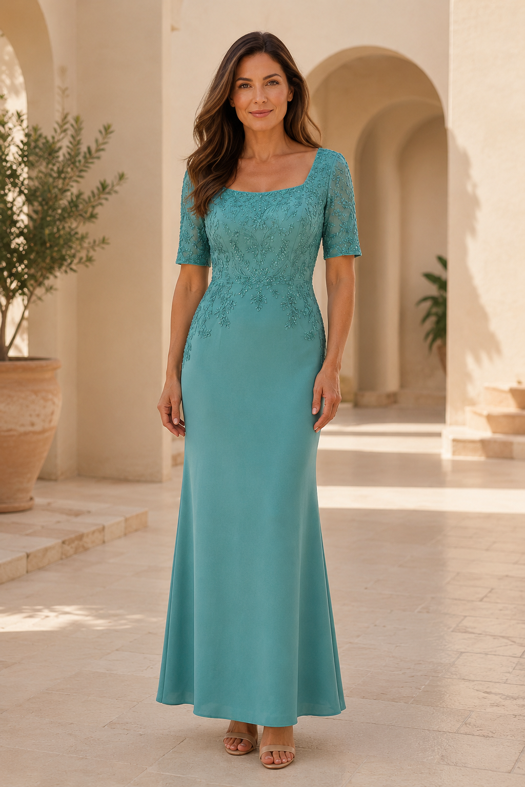 Square Neck Lace Applique Evening Dress