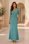 Square Neck Lace Applique Evening Dress