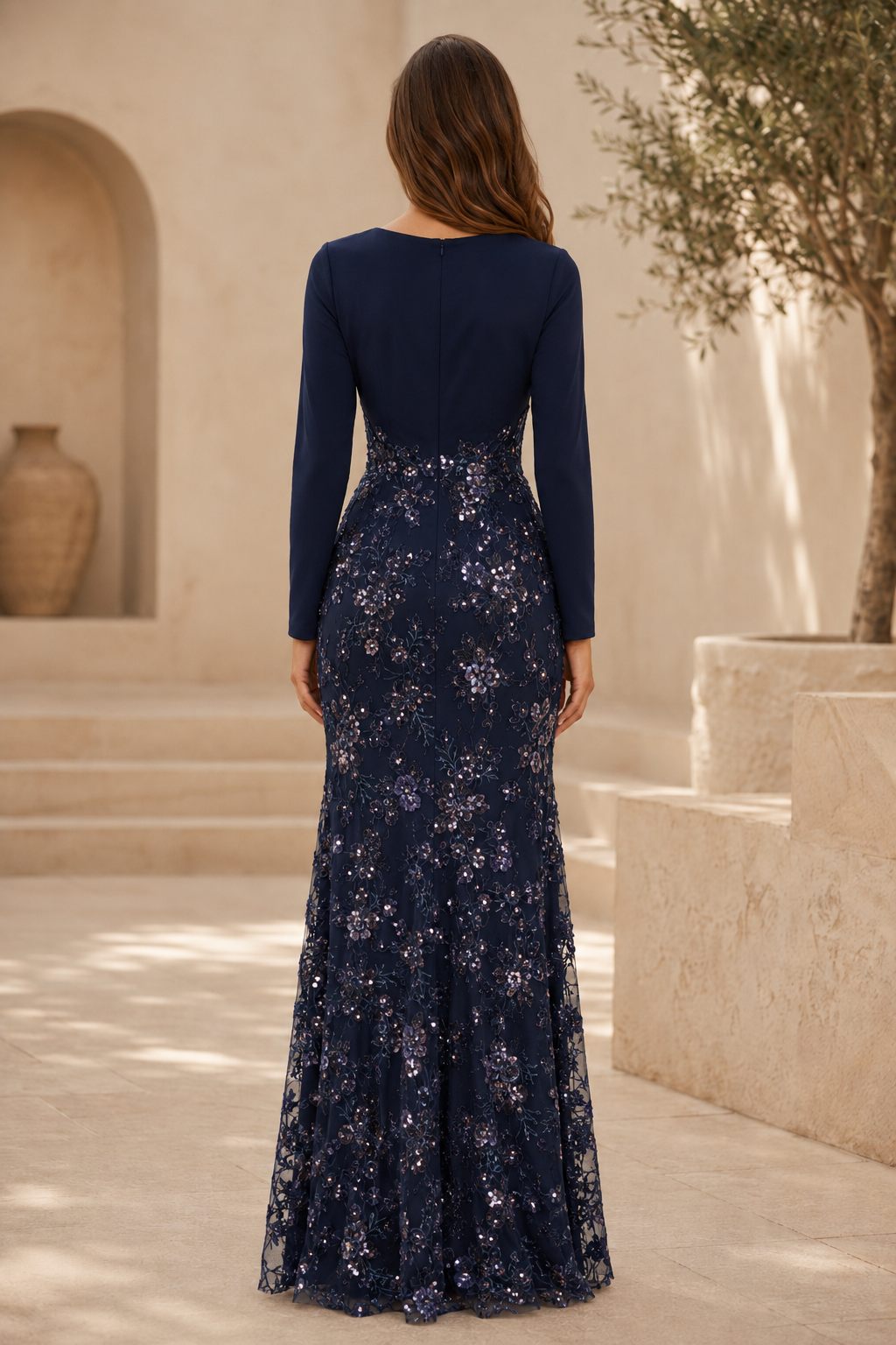 Long Sleeve Floral Sequin Mermaid Evening Gown