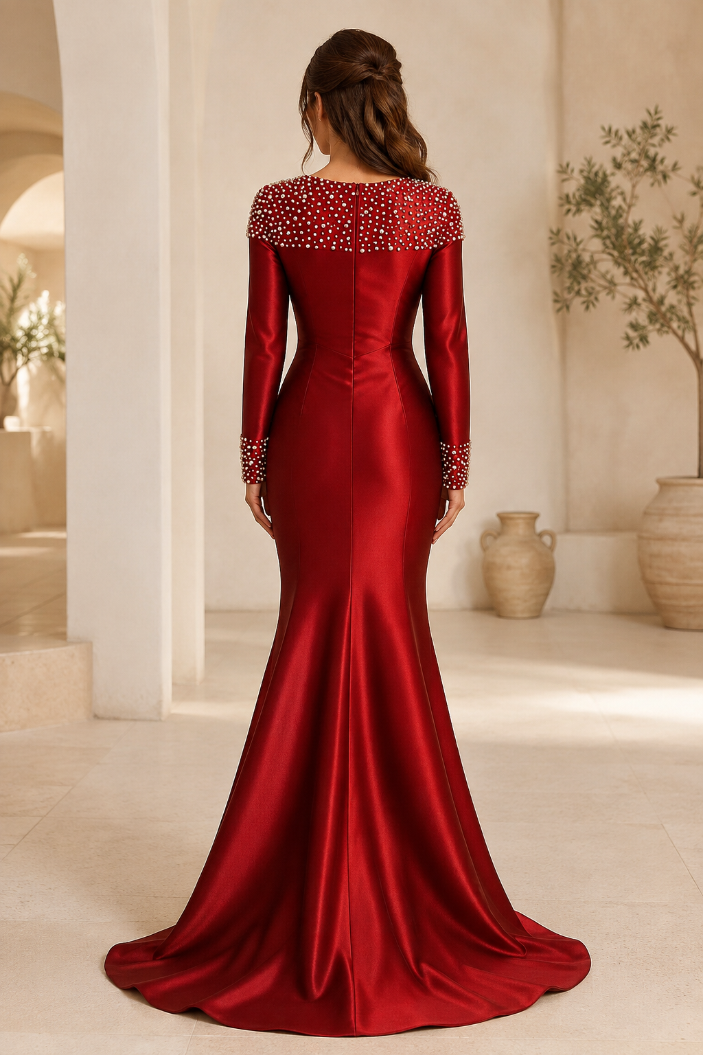 Pearl-Beaded Long Sleeve Satin Mermaid Evening Gown