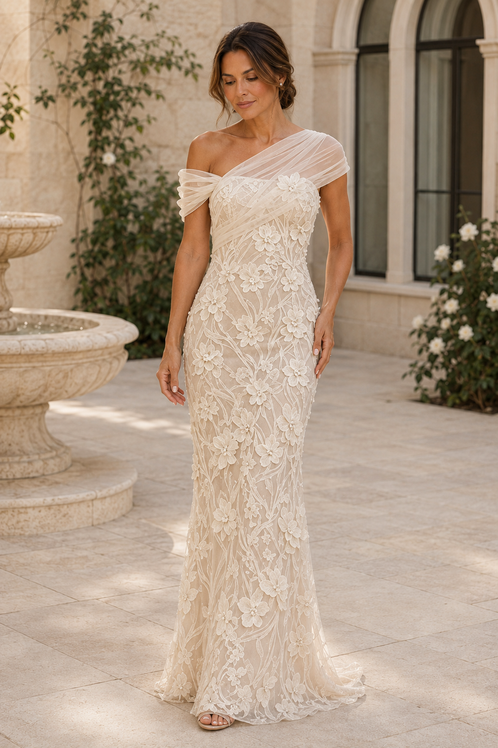 One-Shoulder 3D Floral Lace Mermaid Gown