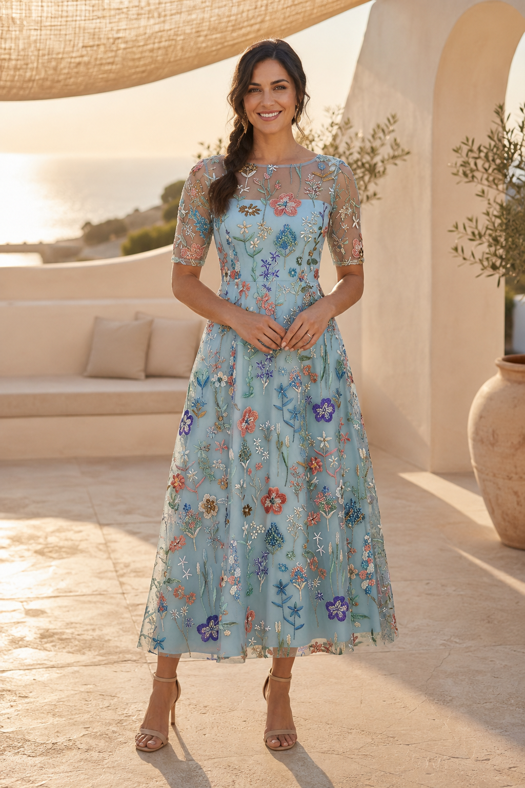 Floral Embroidered Illusion Midi Dress with Short Sleeves