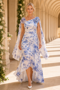 Floral High-Low Chiffon Gown with Cape Sleeves