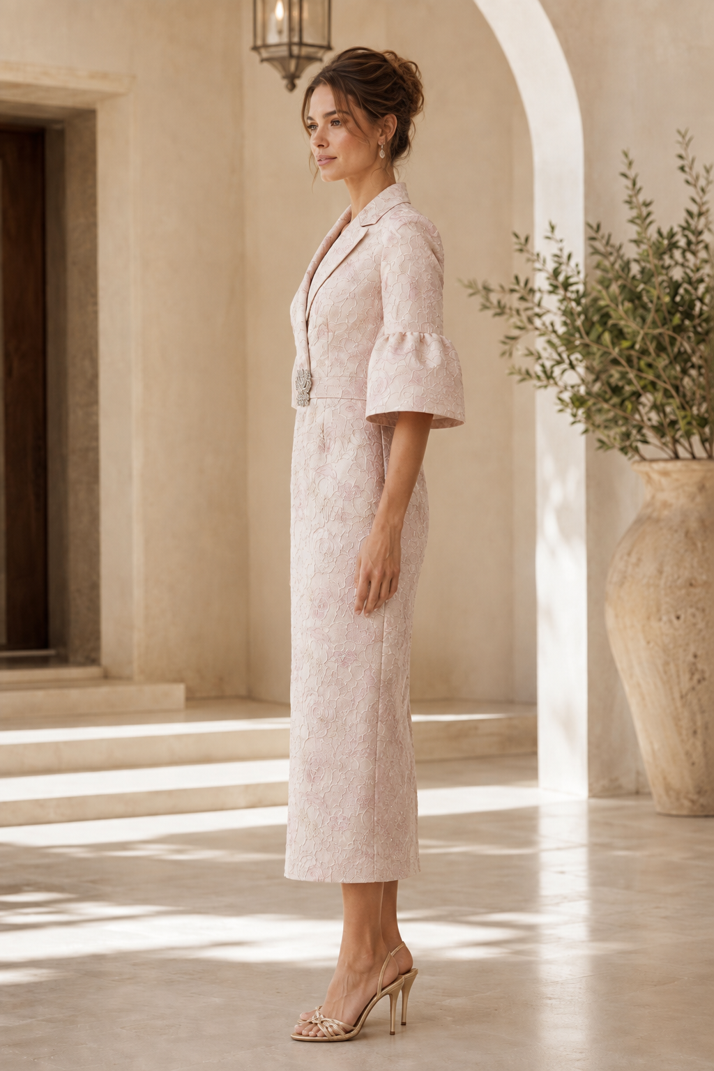 Floral Jacquard Midi Dress with Bell Sleeves
