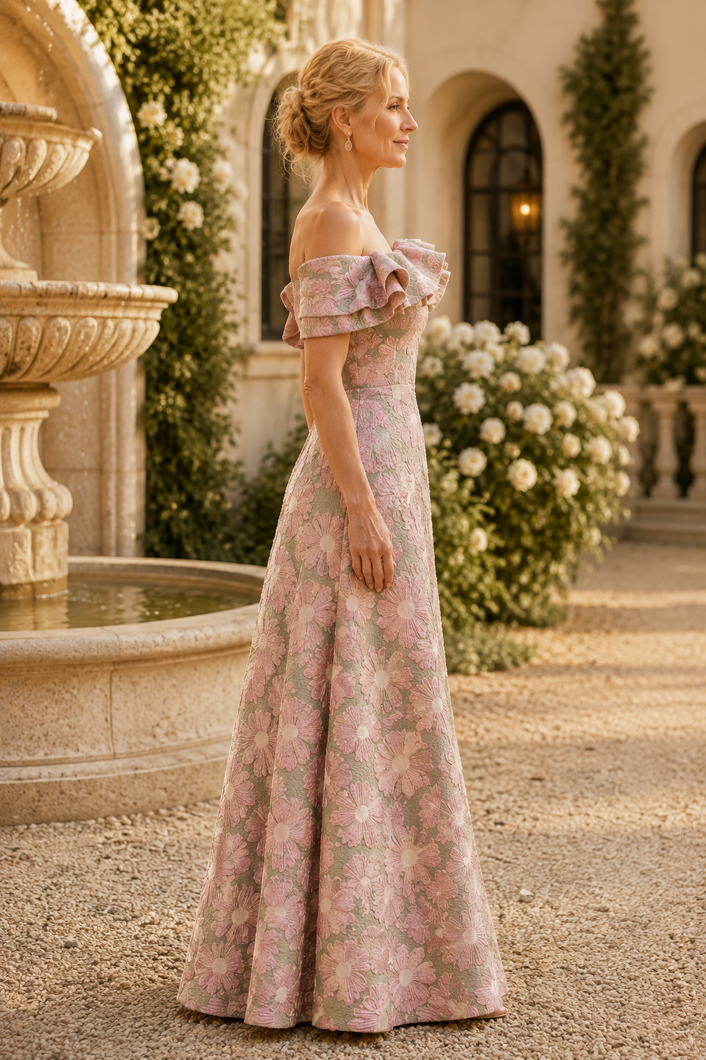 Asymmetric Jacquard Floral A-Line Gown