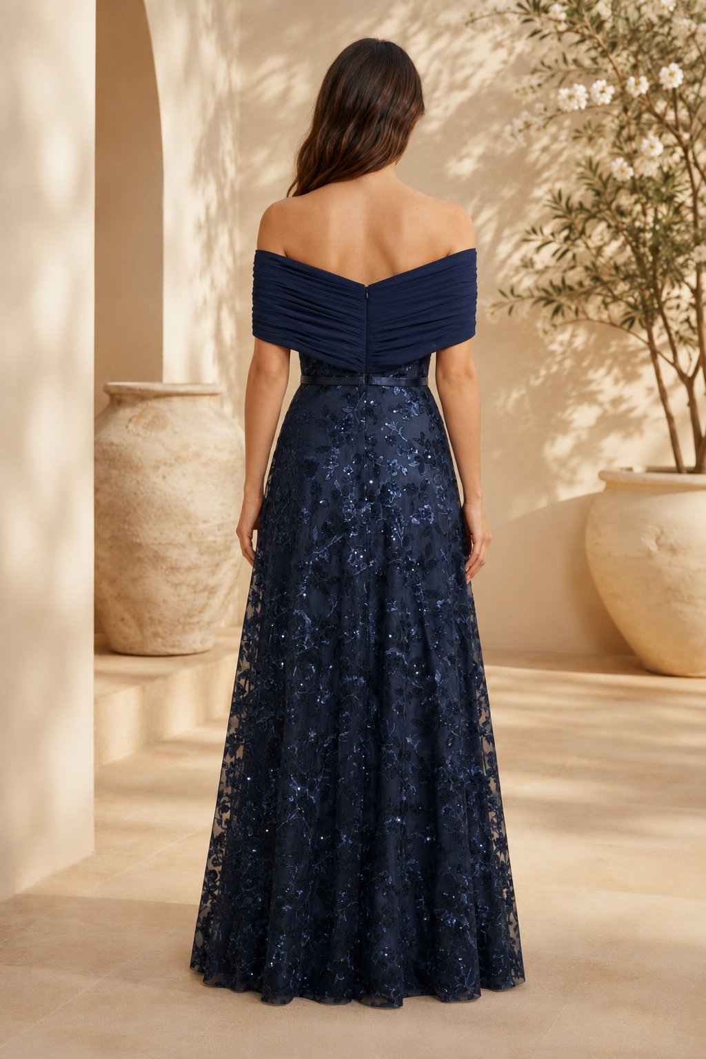 Off-Shoulder Sequin Floral Lace A-Line Evening Gown