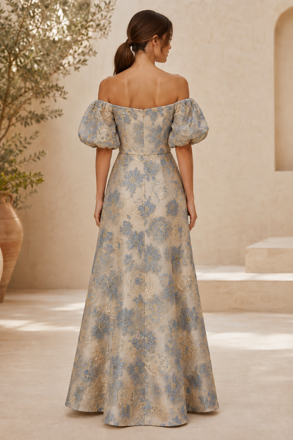Off-the-Shoulder Puff Sleeve Jacquard A-Line Gown