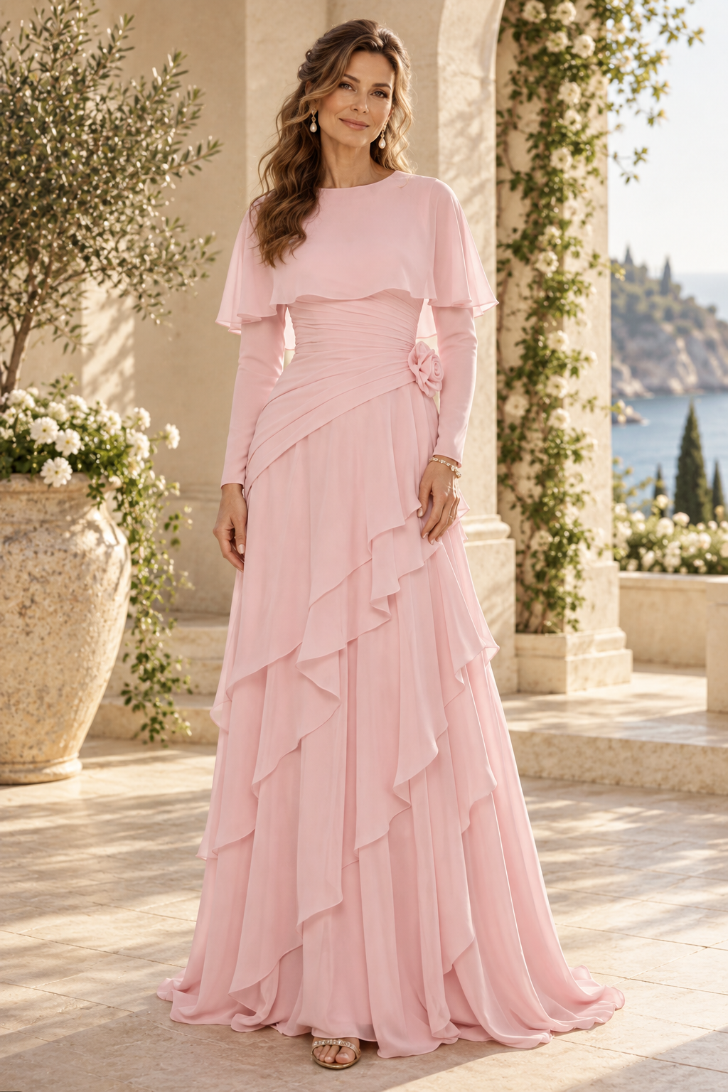 Tiered Ruffle Chiffon Gown with Capelet