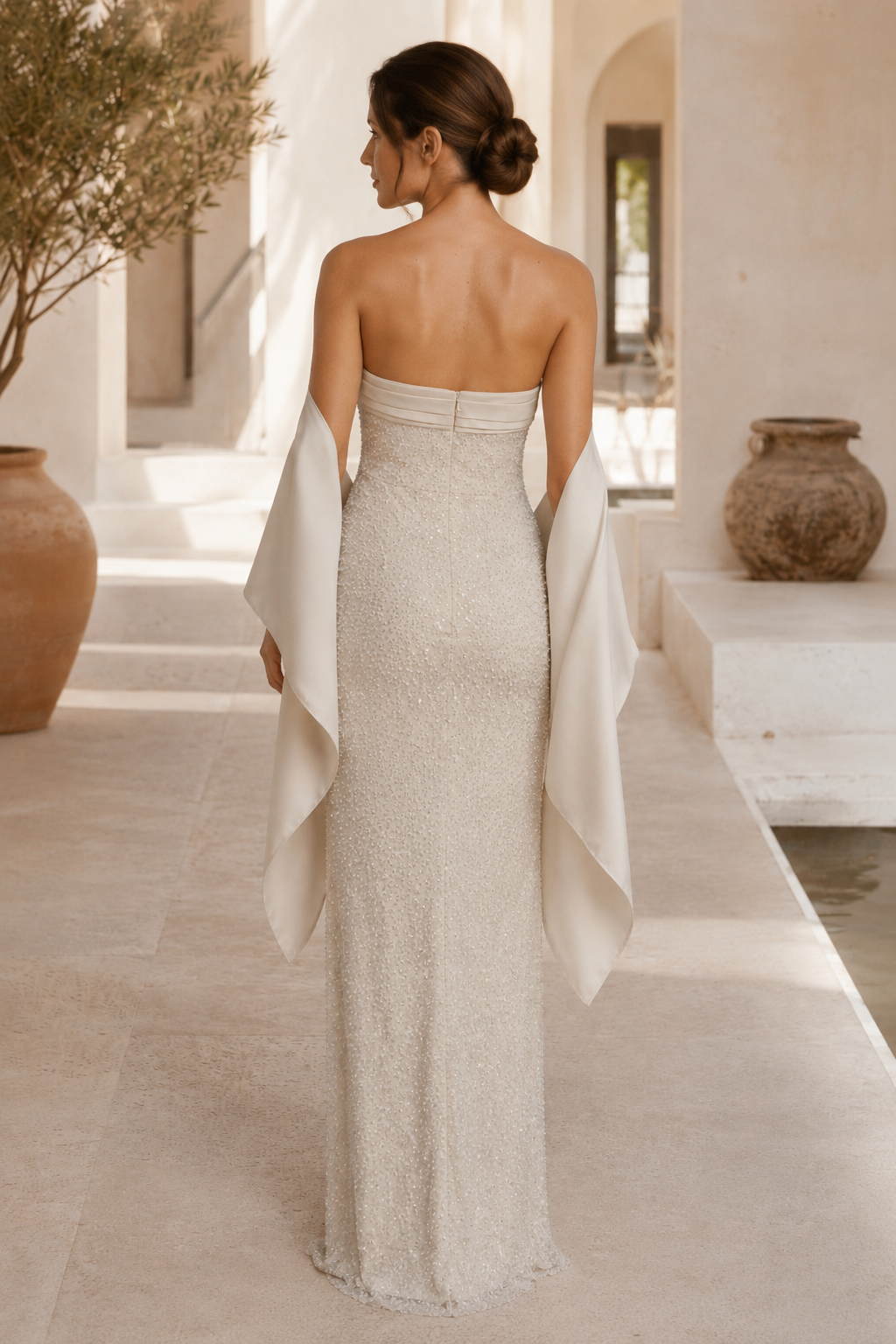 Strapless Sequin Column Gown with Satin Shawl Wrap