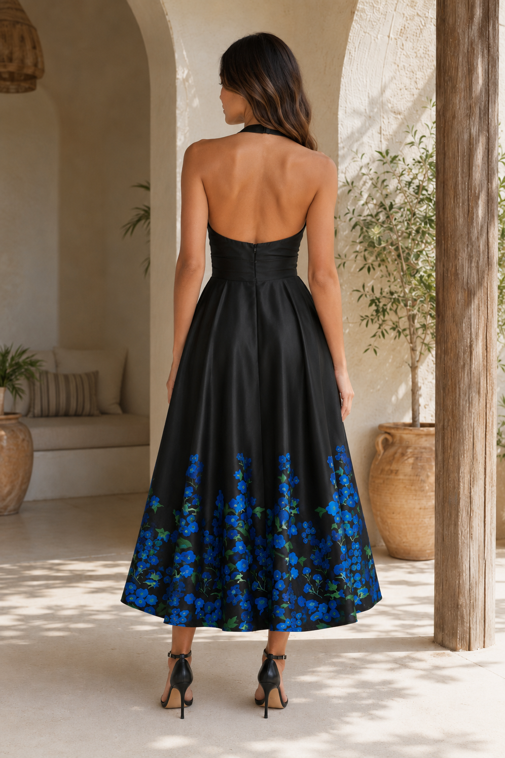 Halter V-Neck Floral Print Satin Midi Dress