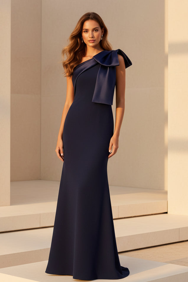 One-Shoulder Bow Crepe Evening Gown