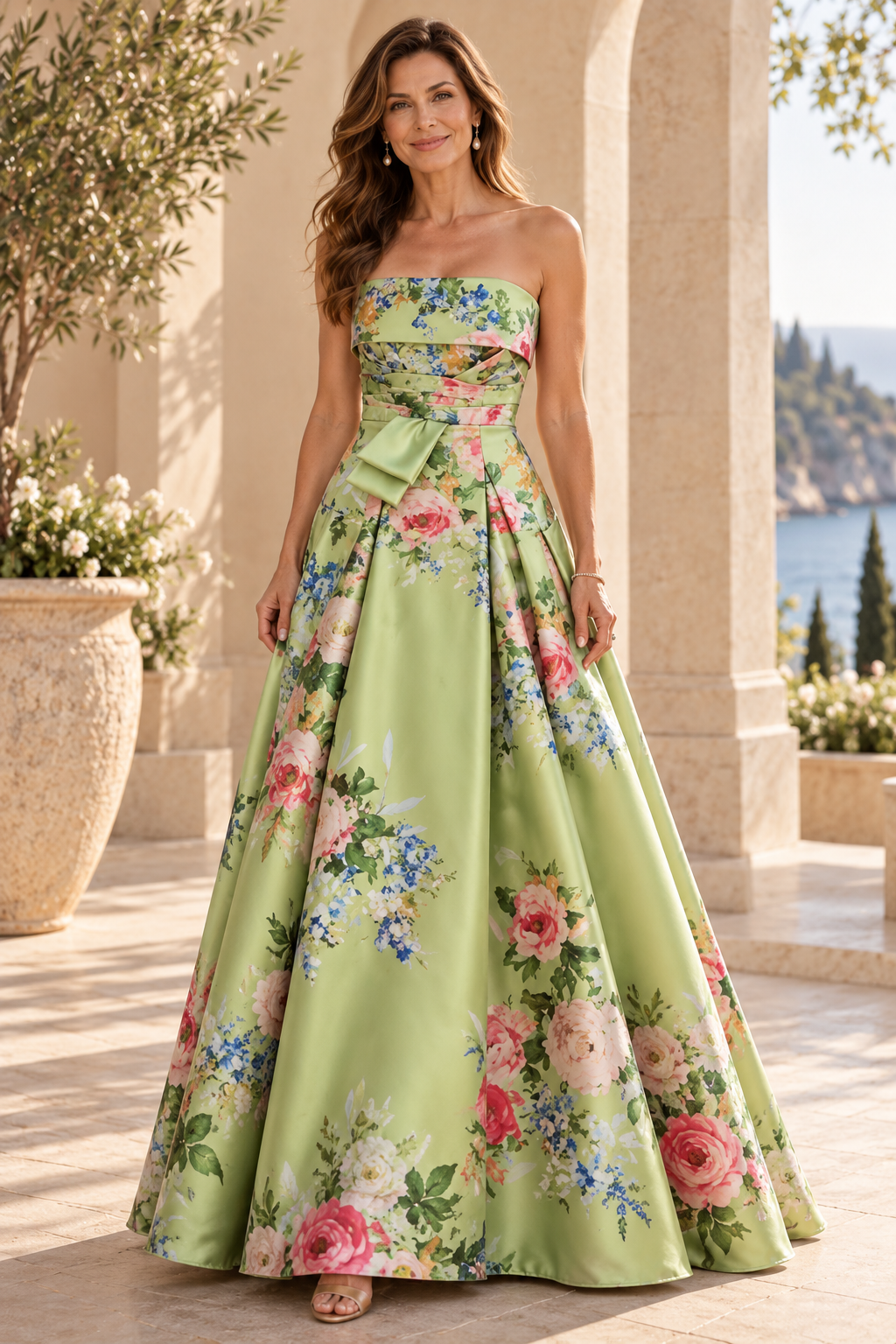 Strapless Floral Print Pleated A-Line Gown