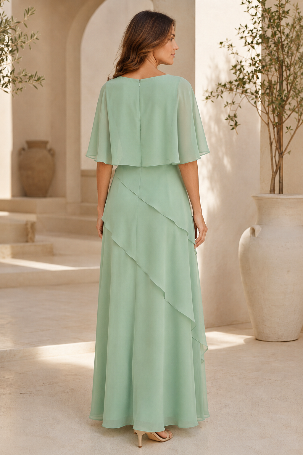 Chiffon Cape Sleeve Tiered Asymmetrical Maxi Dress