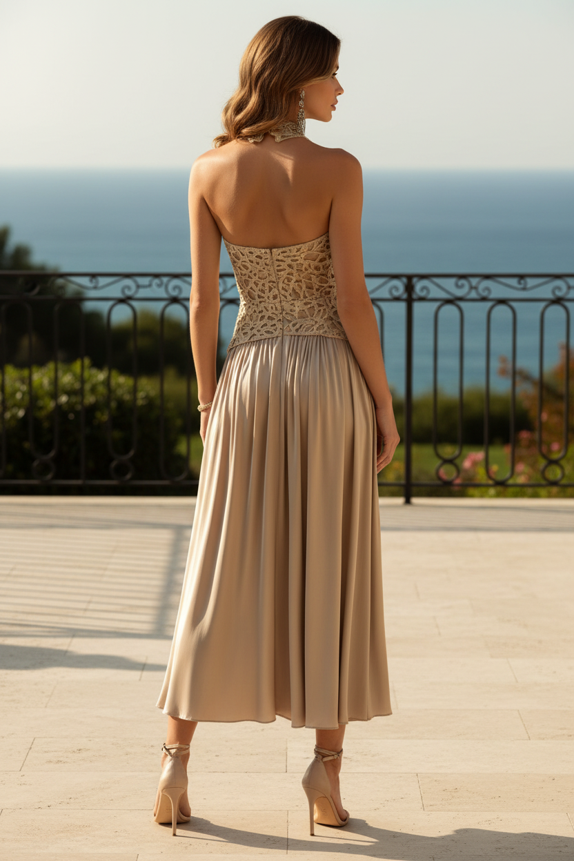 Elegant Lace Halter Midi Dress with Pleated Satin Skirt