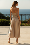 Elegant Lace Halter Midi Dress with Pleated Satin Skirt