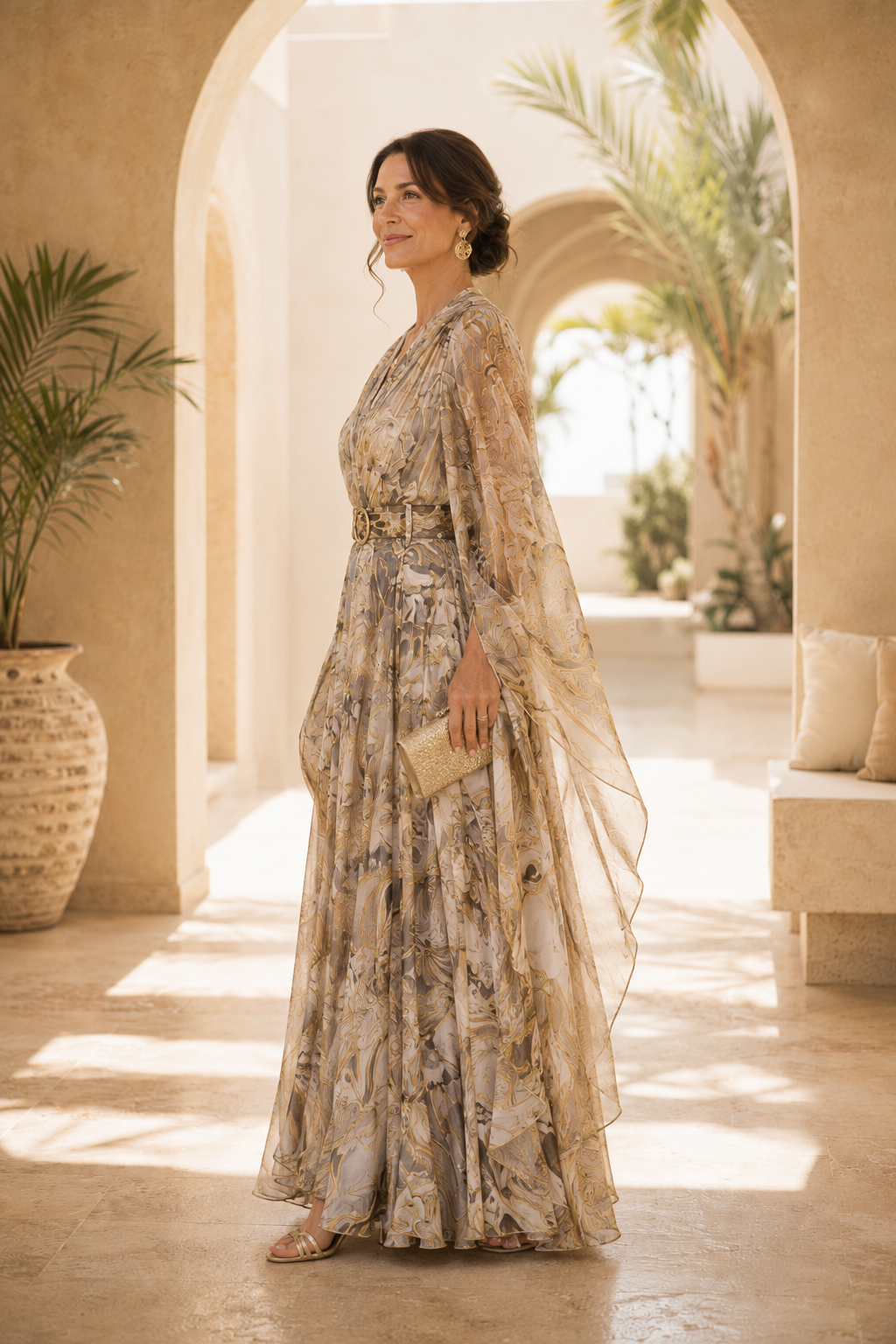 Printed Cape Sleeve Maxi Dress with Belt