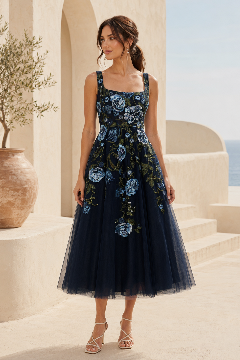 Floral Embroidered Square Neck Tea-Length Dress