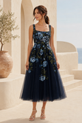 Floral Embroidered Square Neck Tea-Length Dress
