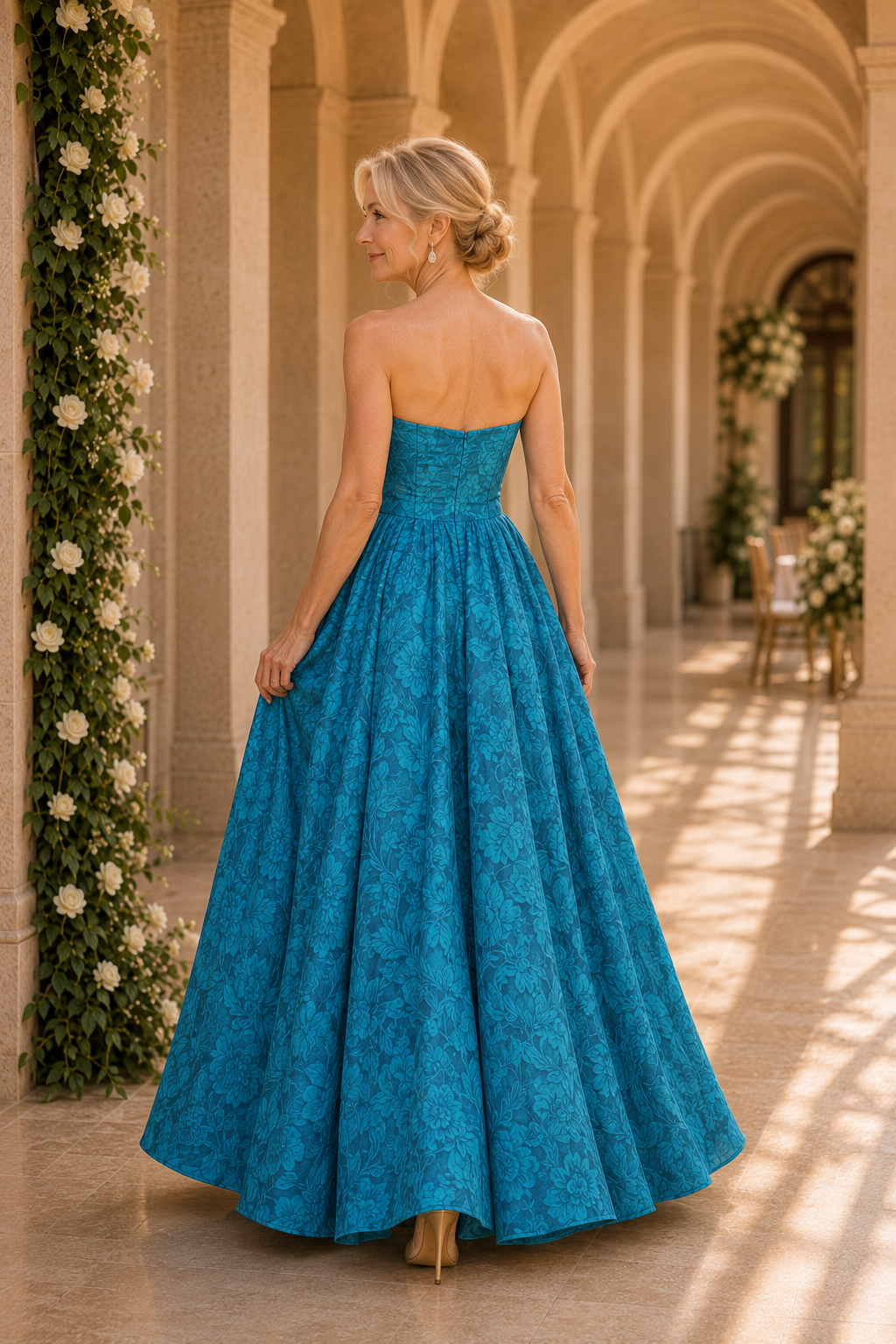 Strapless Jacquard Floral Ball Gown