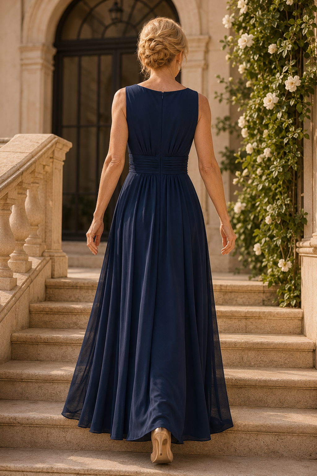 Sleeveless V-Neck Pleated Waist A-Line Gown