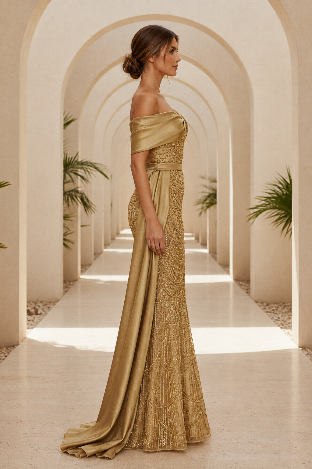 Beaded Asymmetrical Neckline Gown with Side Drape
