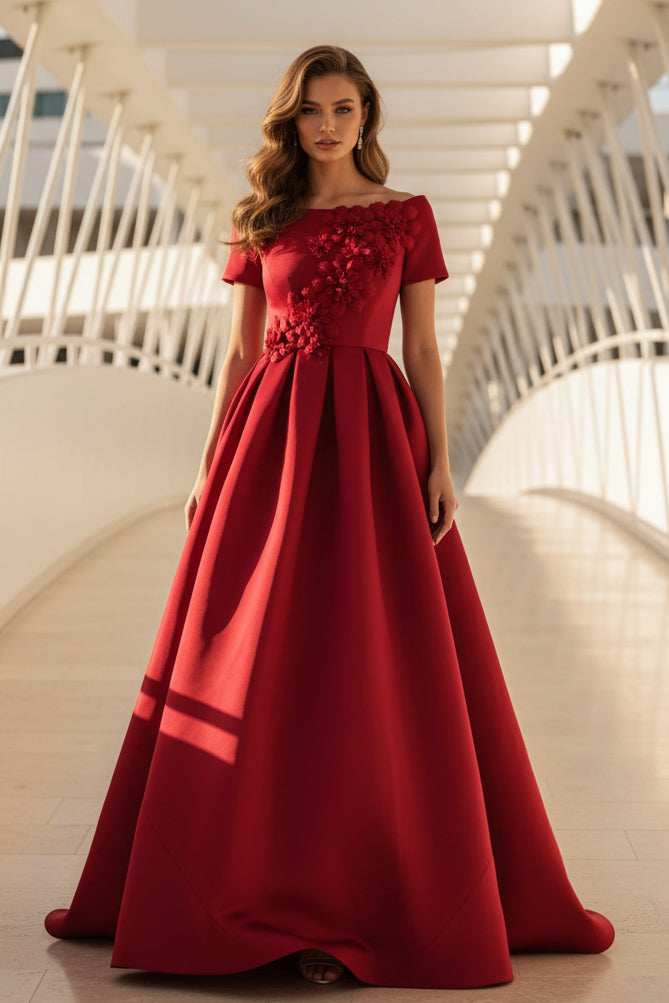 Off-the-Shoulder A-Line Gown with 3D Flowers