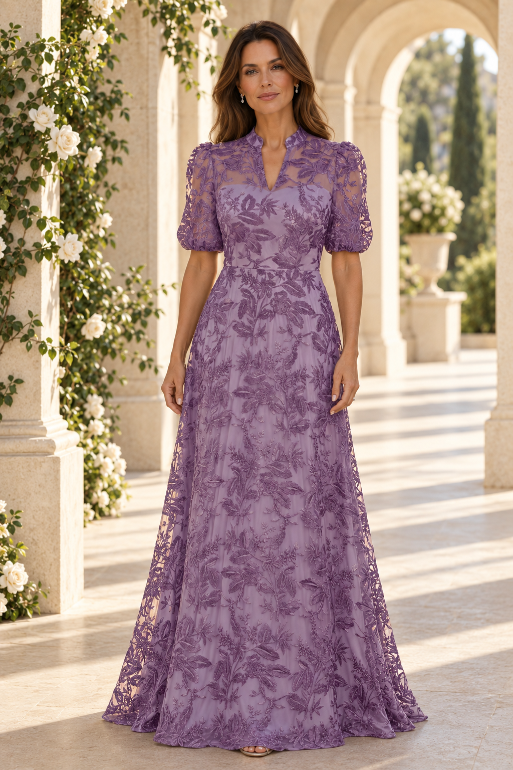 Embroidered Lace A-Line Gown with Puff Sleeves