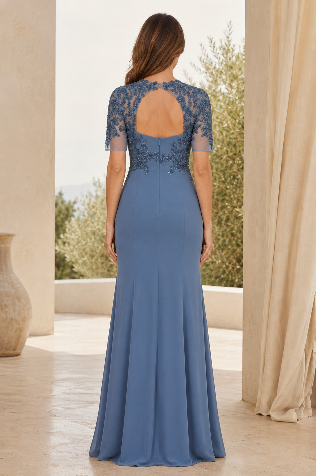 Illusion Lace Sleeve Gown with Keyhole Back & High Slit