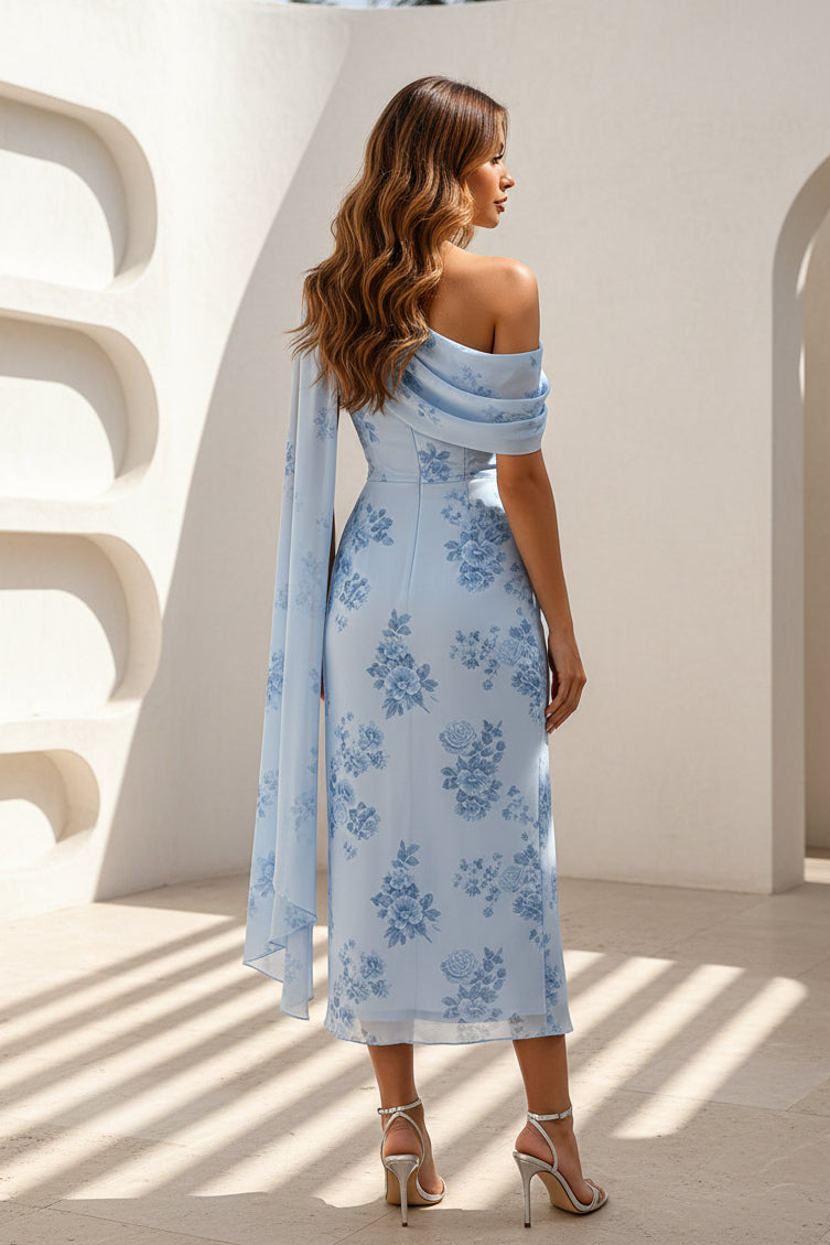 Floral One-Shoulder Draped Midi Dress