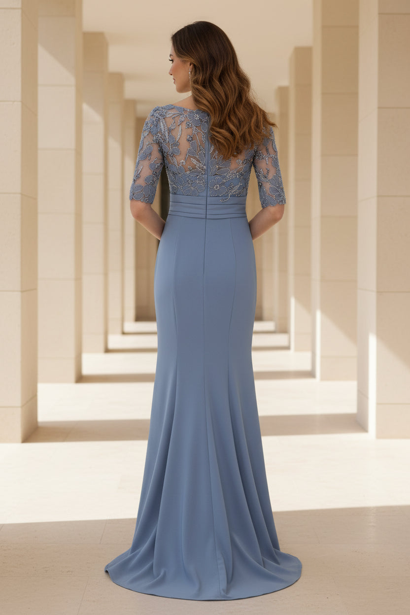 V-Neck Lace Half-Sleeve Gown with Ruffled Slit