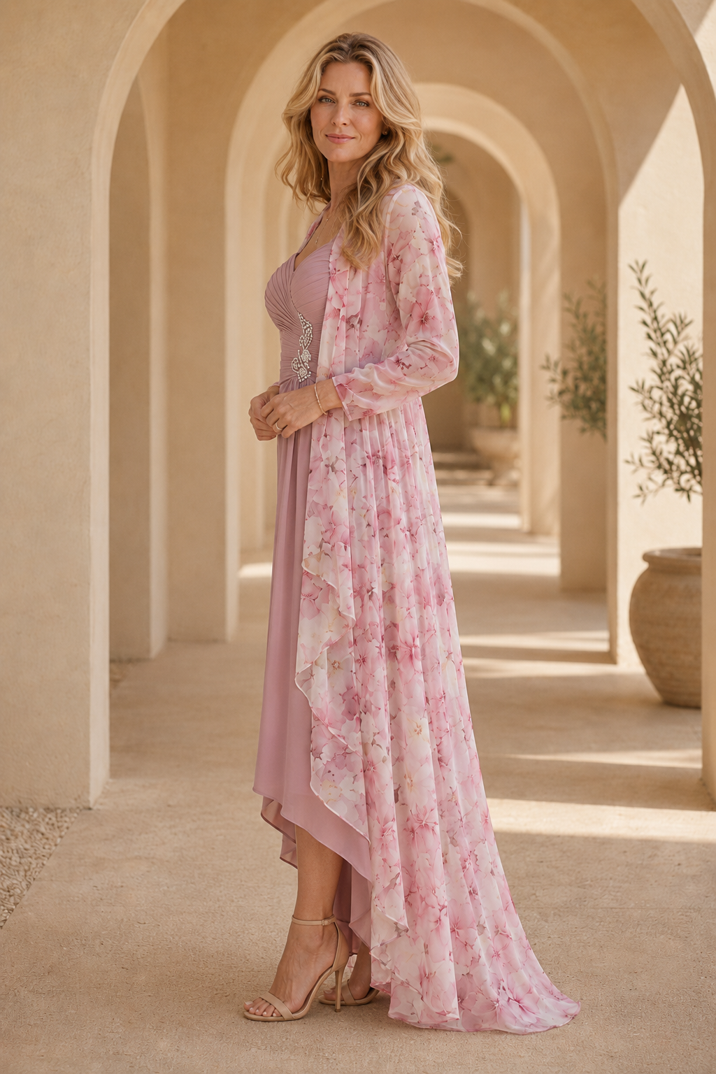 High-Low Dress with Floral Duster Jacket