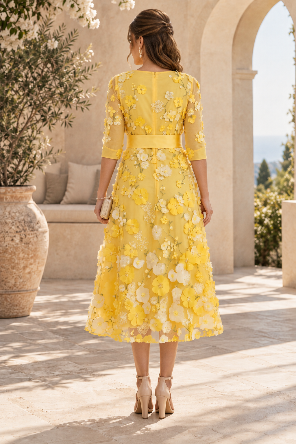 3D Floral Applique Midi Dress with Bow Waist