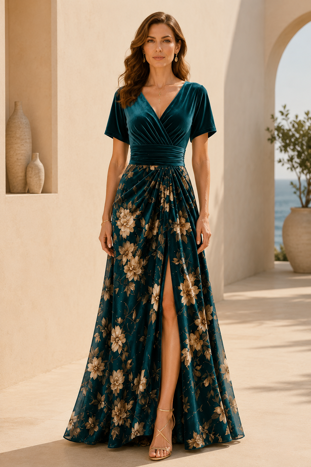 Maxikleid mit V-Ausschnitt, Blumendruck und Schlitz aus Samt