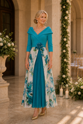 Portrait Collar Floral Pleated Ankle-Length Dress