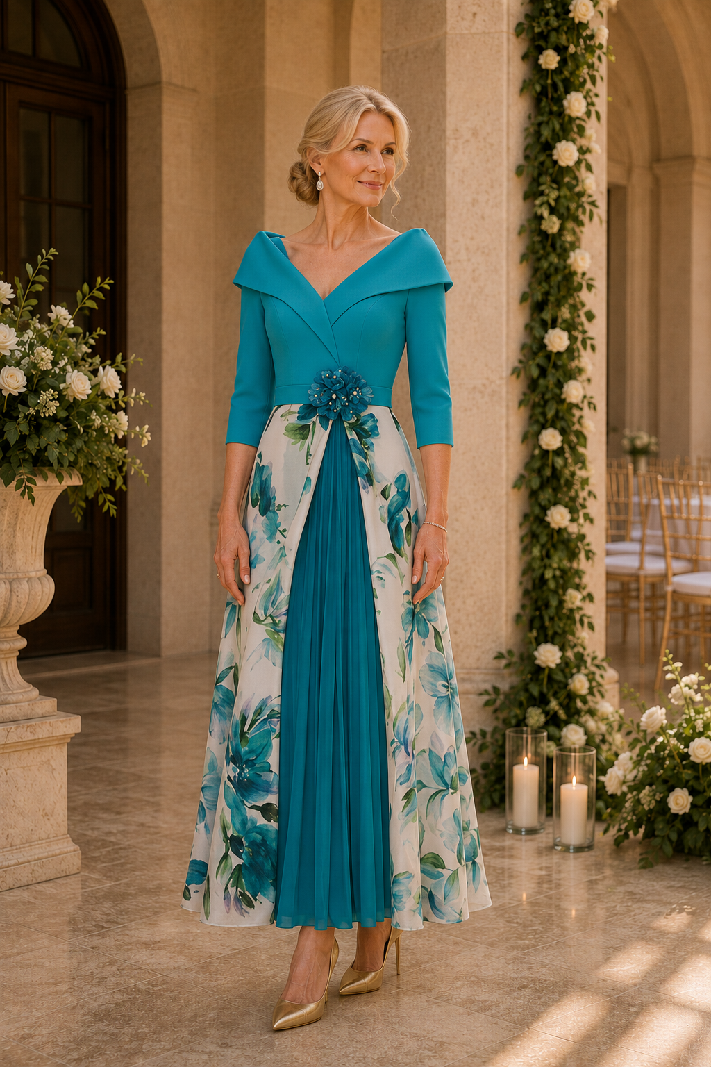 Portrait Collar Floral Pleated Ankle-Length Dress