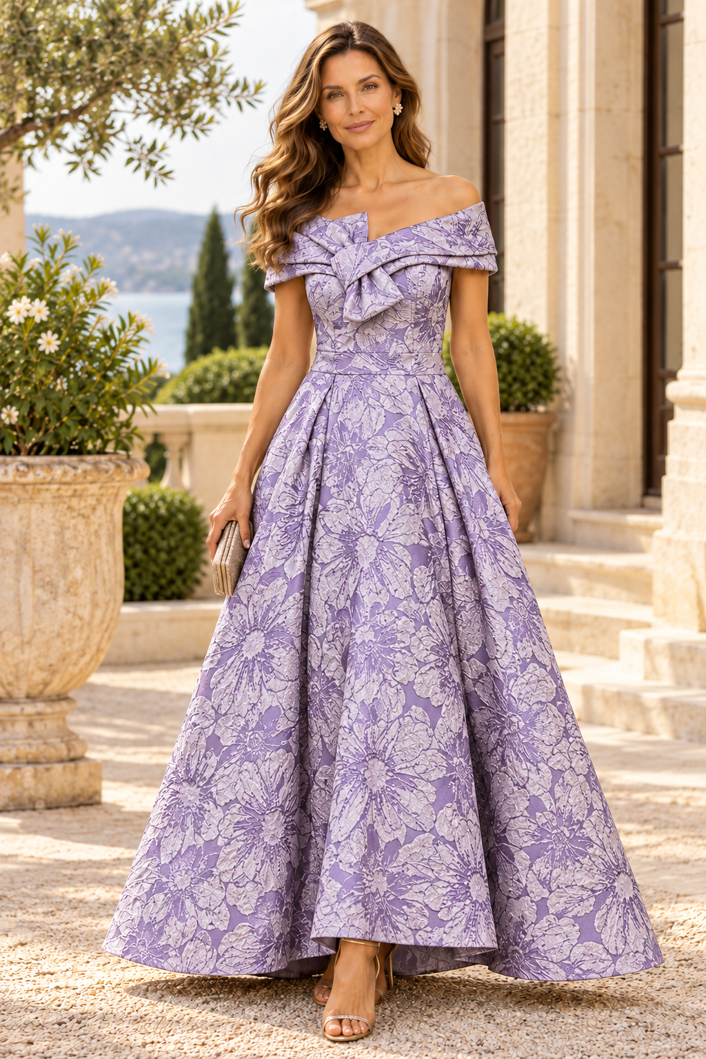 Off-the-Shoulder Jacquard Ball Gown with Bow