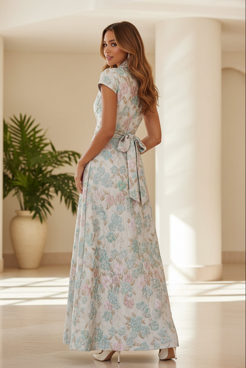 Floral Jacquard Wrap Maxi Dress with Sash Belt