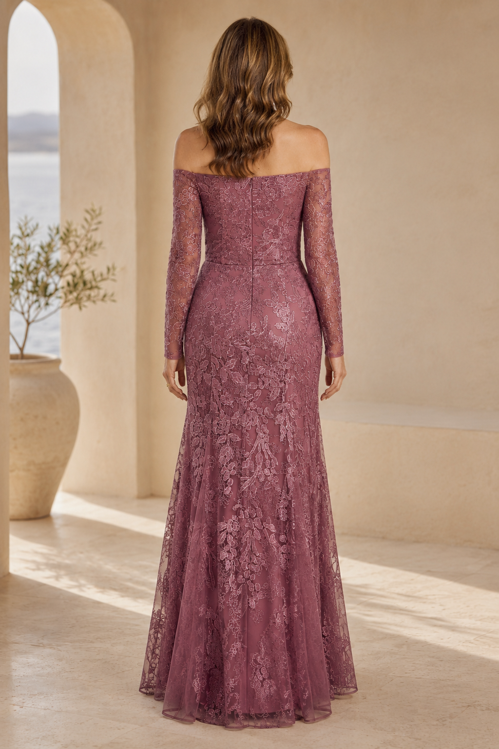 Off-the-Shoulder Lace Long Sleeve Evening Gown