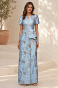 Floral Jacquard Peplum Column Evening Gown