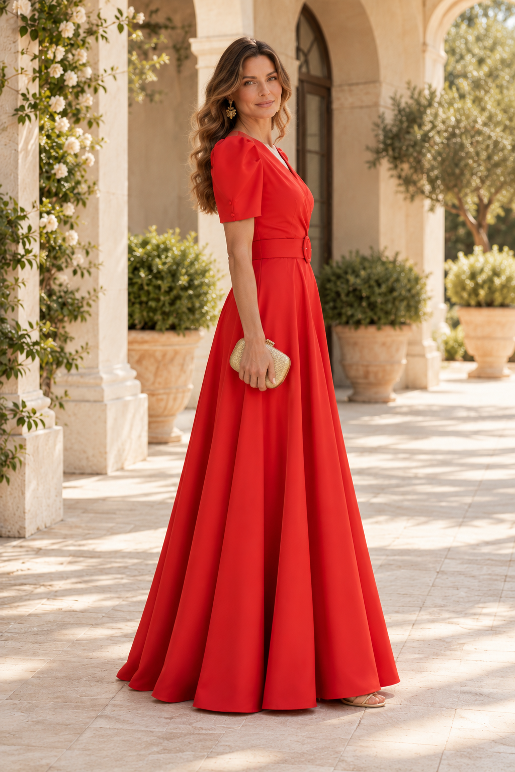 Puff Sleeve V-Neck Belted A-Line Gown