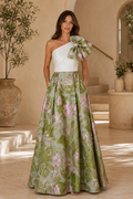 One Shoulder Floral Jacquard A-Line Evening Gown