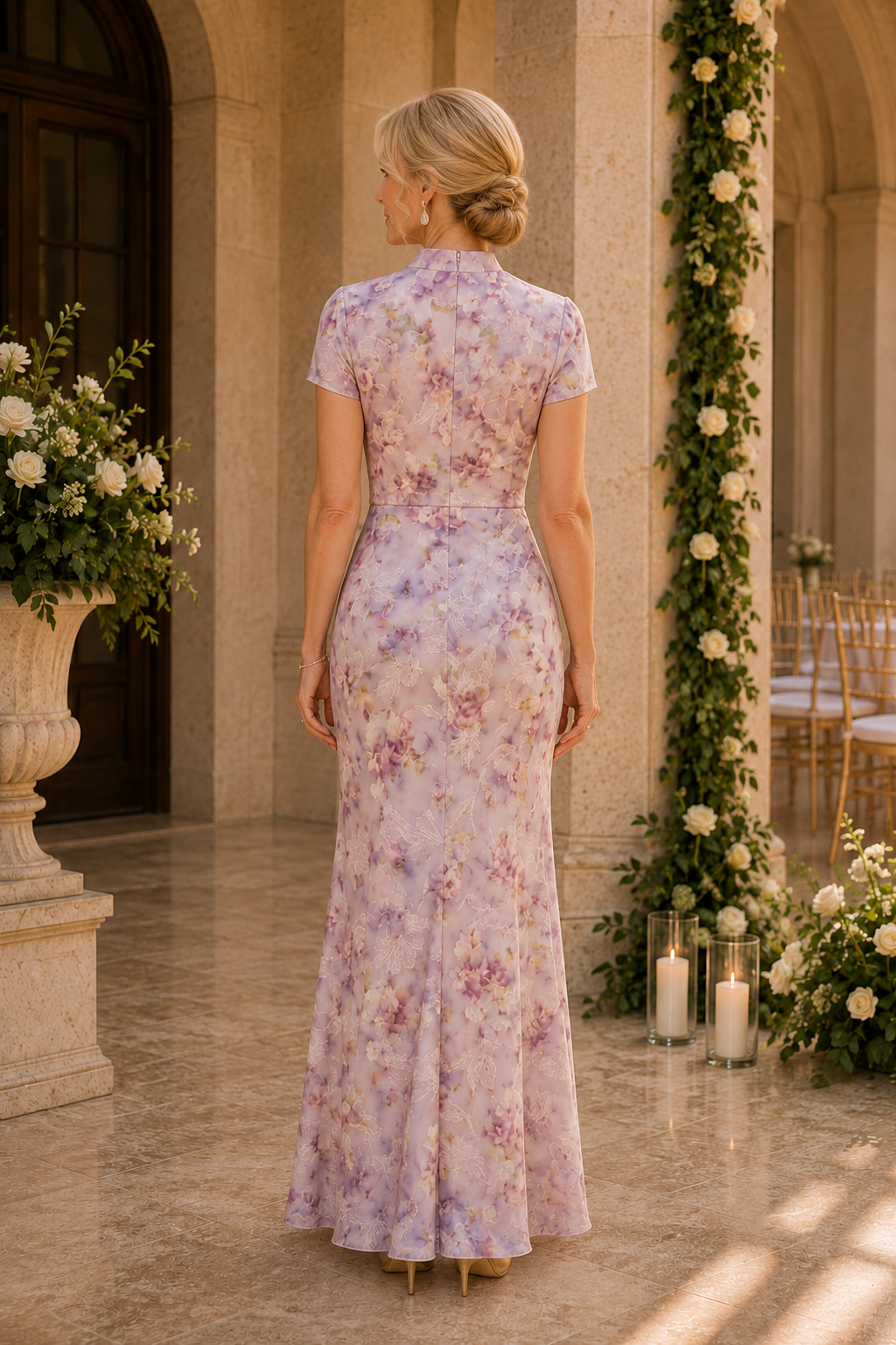 Floral Ruched High Neck Short Sleeve Maxi Gown