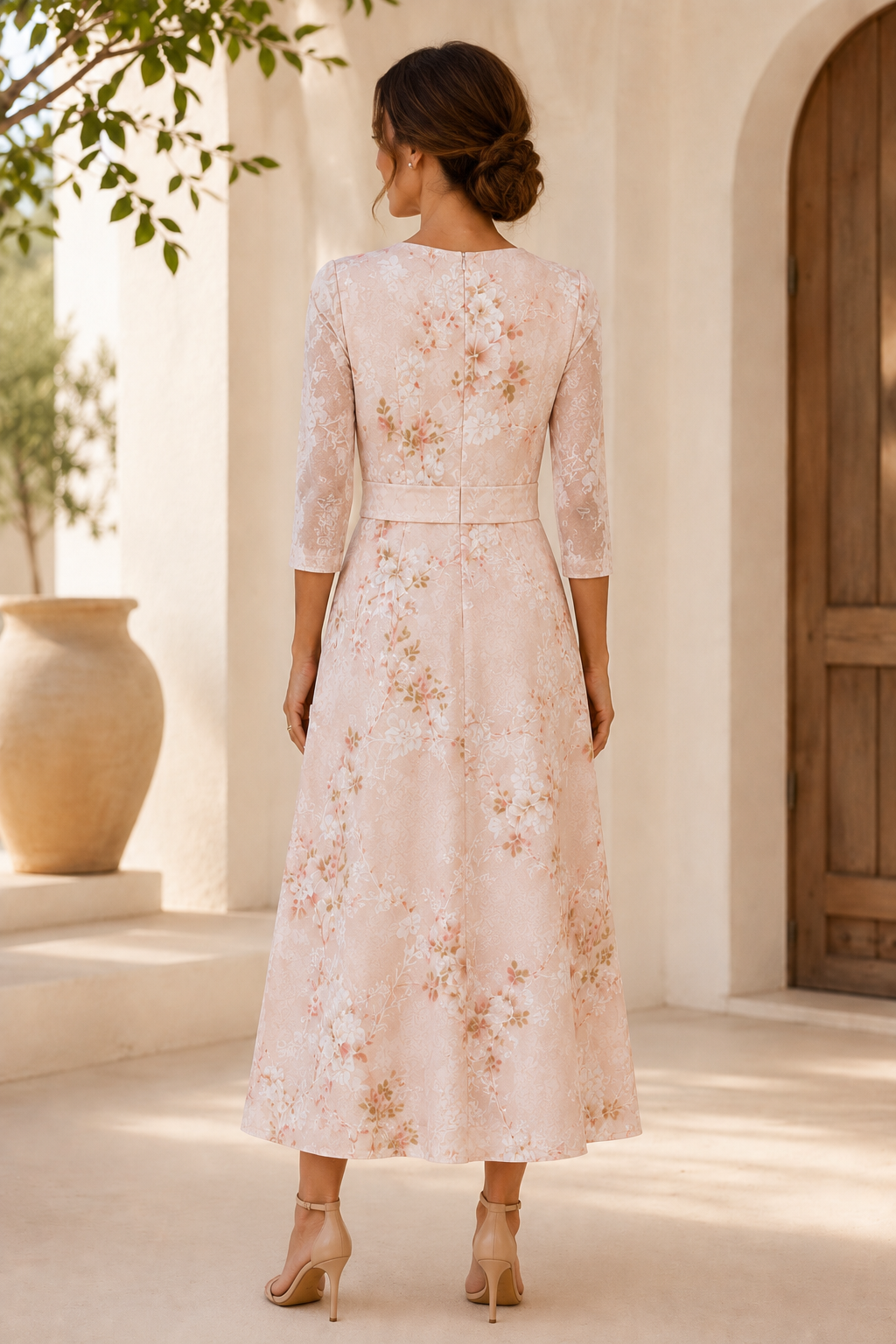 A-Line Floral Print V-Neck Midi Dress with 3/4 Sleeves