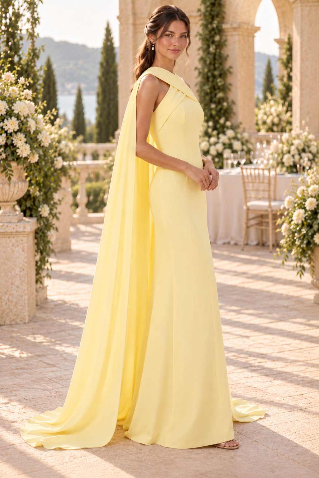 Crossed Neckline Cape Evening Gown