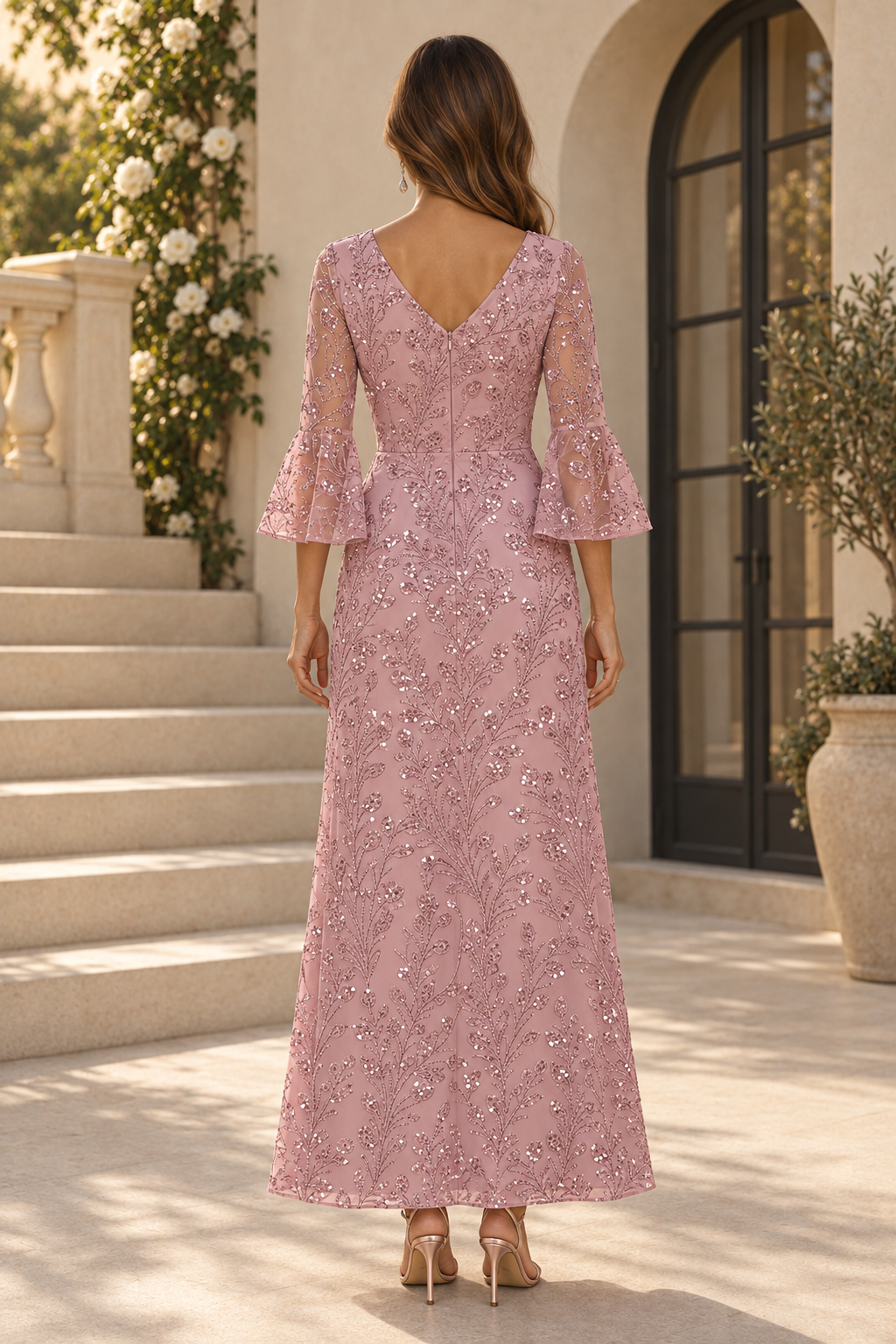 Sequin Bell Sleeve V-Neck A-Line Maxi Dress
