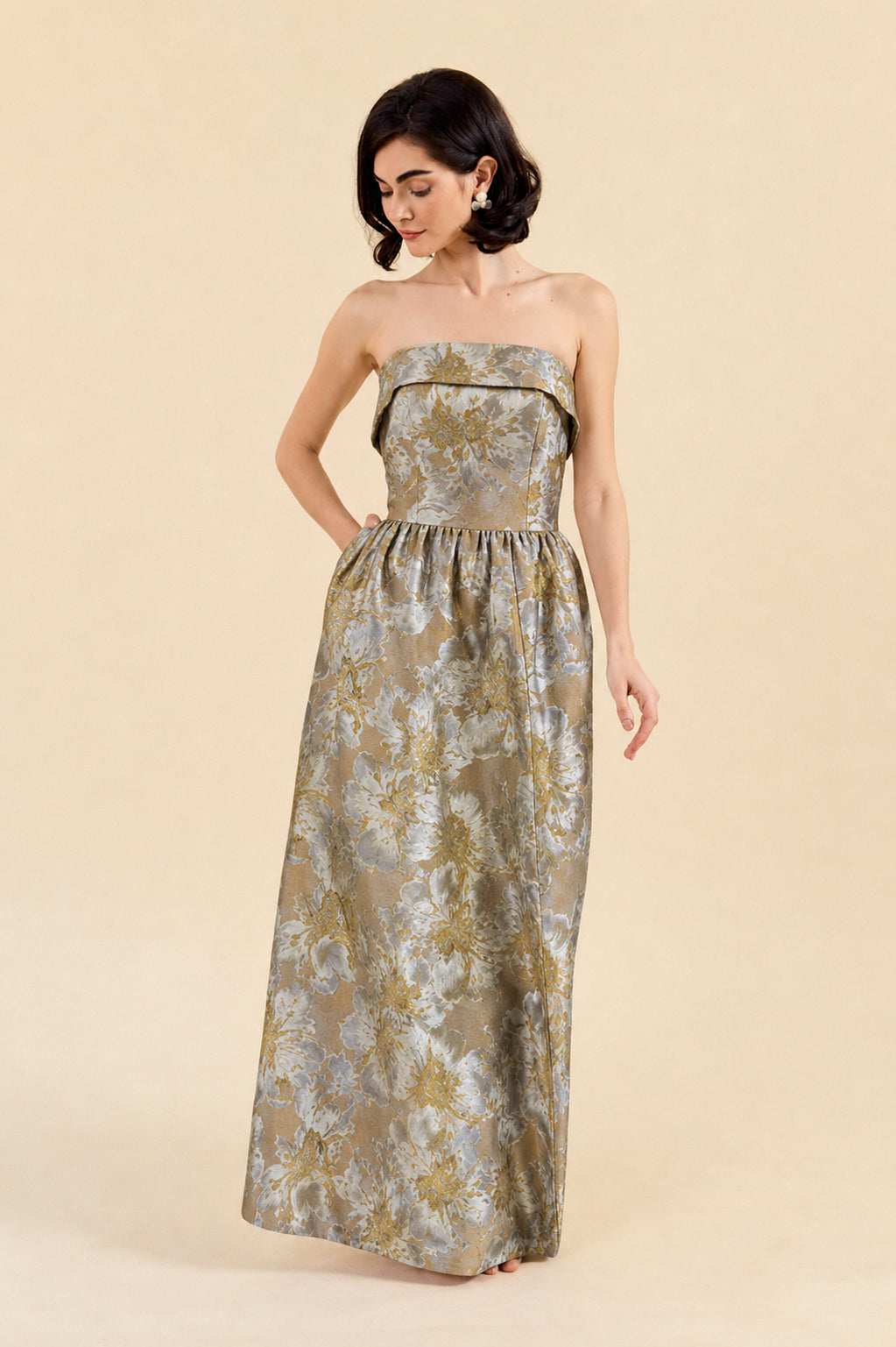 Strapless Floral Print Maxi Dress with Pockets