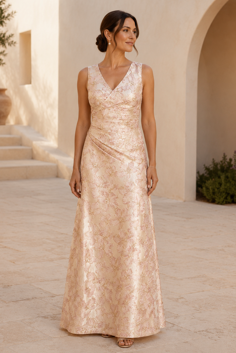 Floral Jacquard Wrap V-Neck A-Line Evening Gown