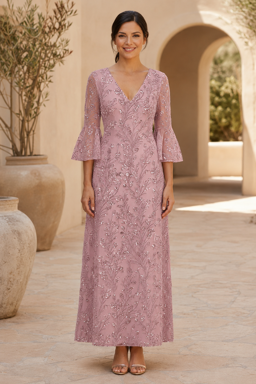 Sequin Embroidered A-Line Gown with Bell Sleeves