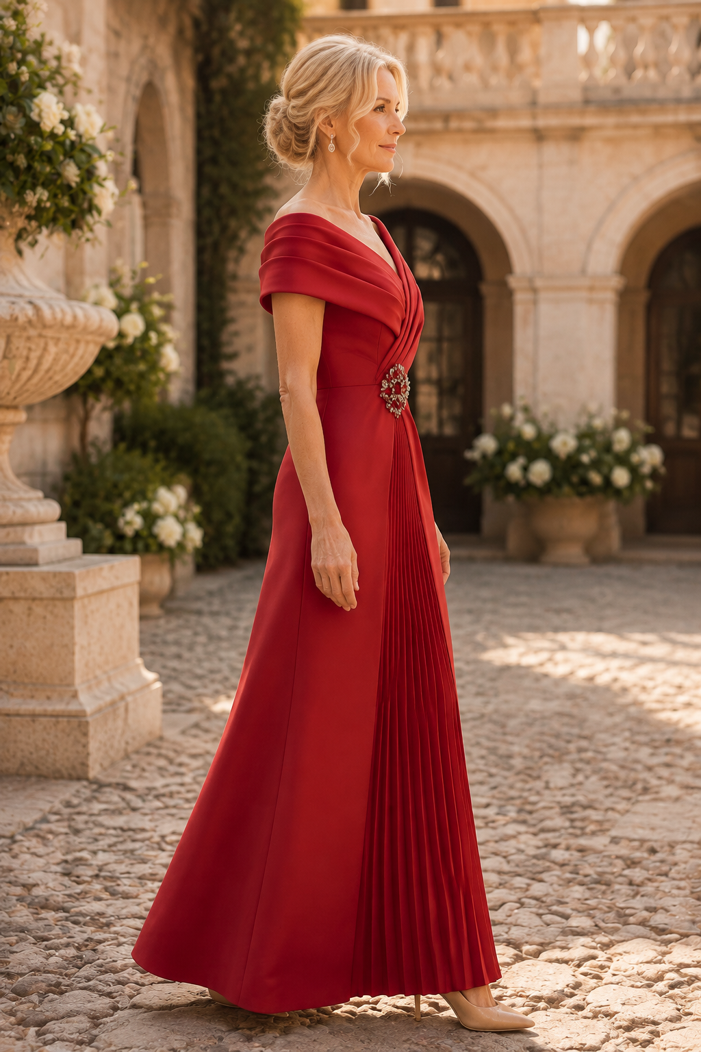 Pleated Off-the-Shoulder Brooch Gown